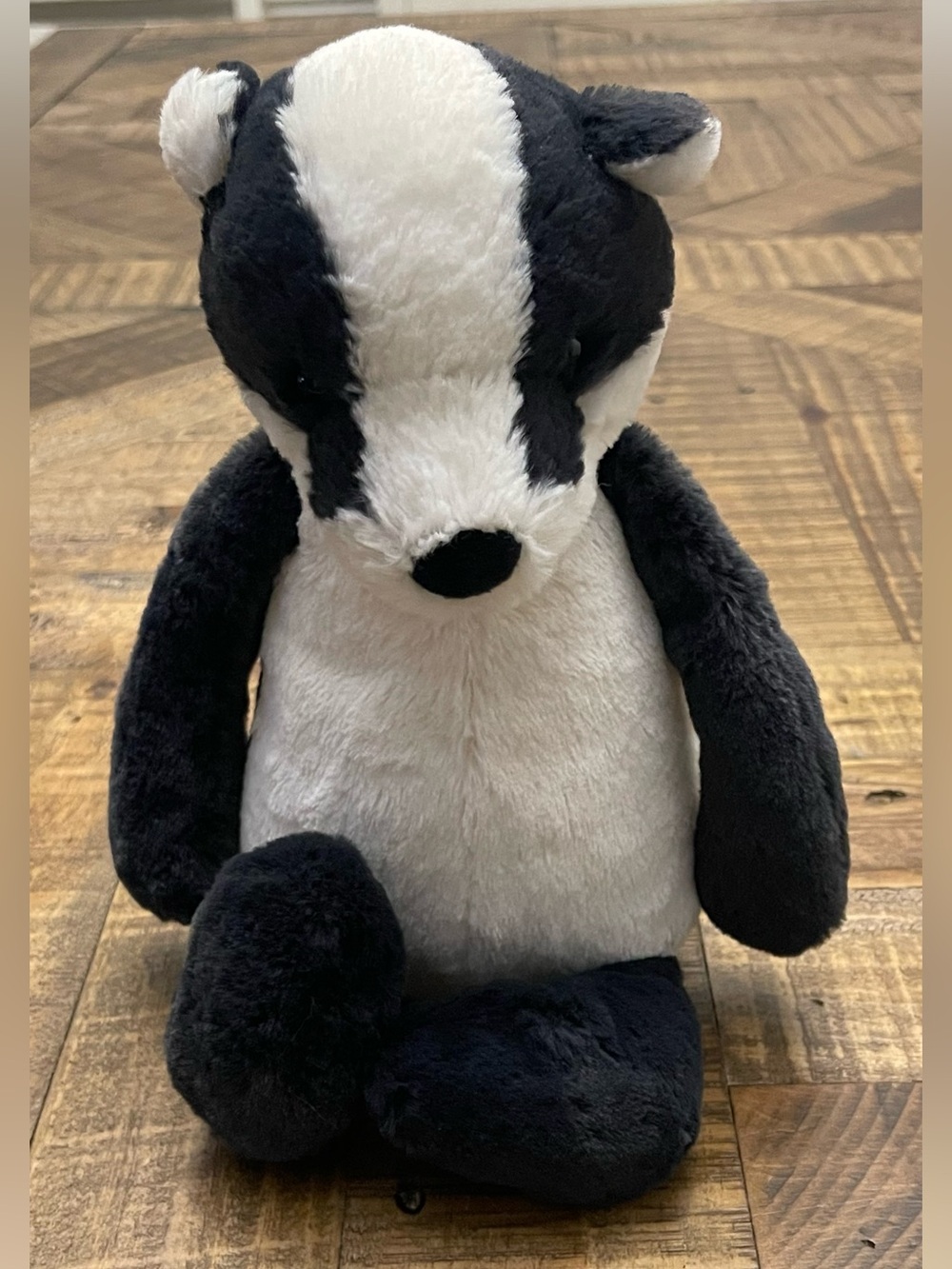 retired Jellycat Bashful Badger plush toy featuring soft black and white fur